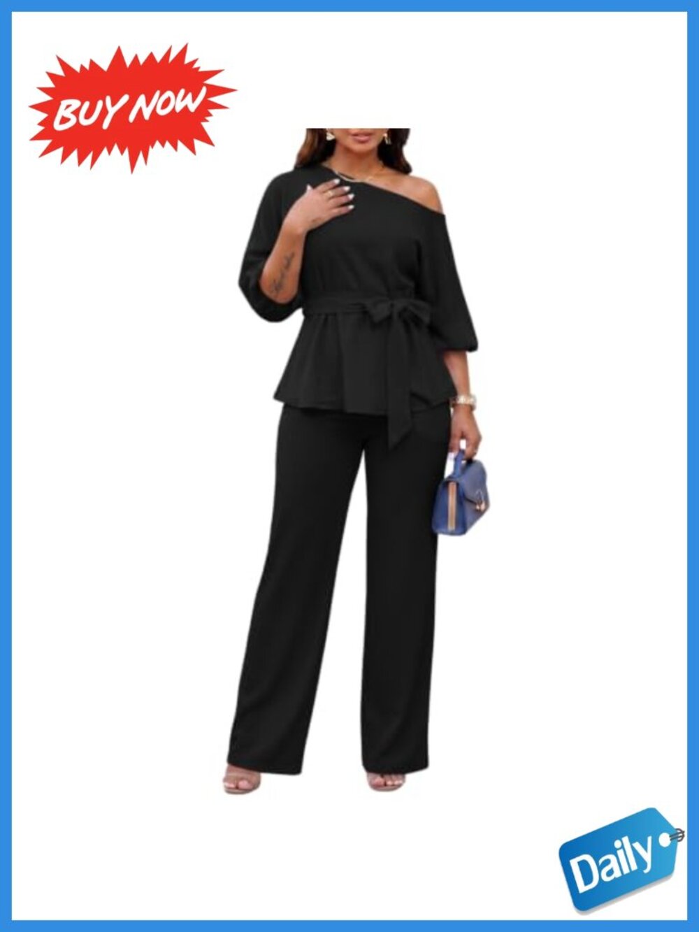 Women's Casual Peplum Top and Wide Leg Pants Set with Off Shoulder and Belt